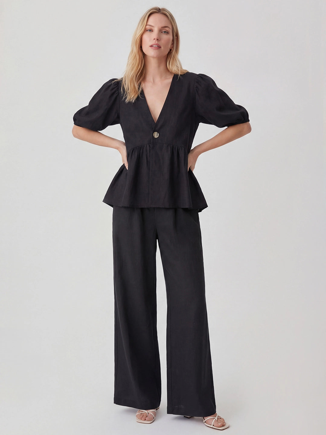 Cotton Peplum Top & Wide Leg Pants Co-ord Set