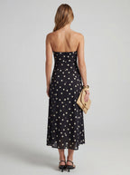 Strapless Polka Dot Ruffle Midi Dress