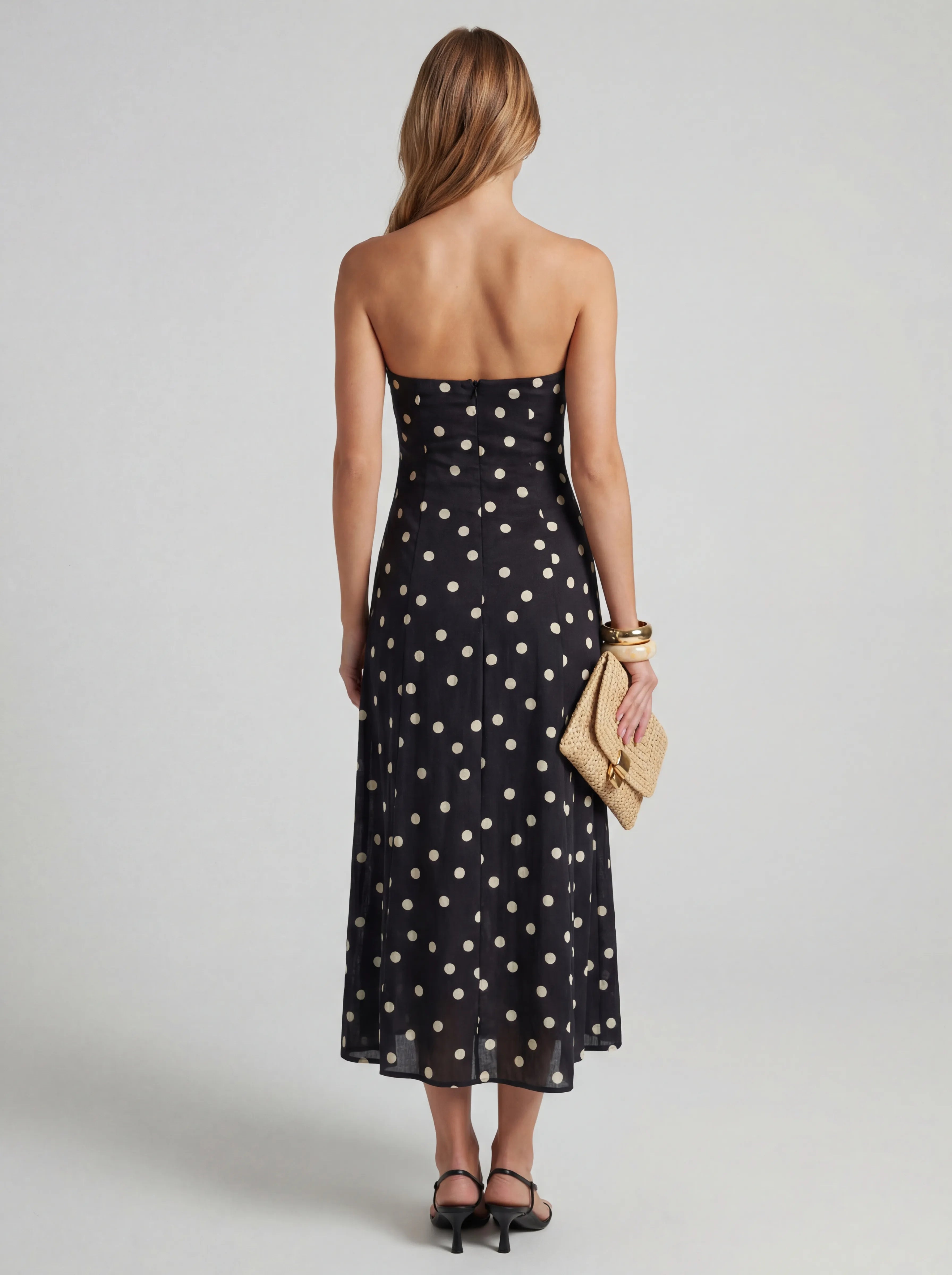 Strapless Polka Dot Ruffle Midi Dress