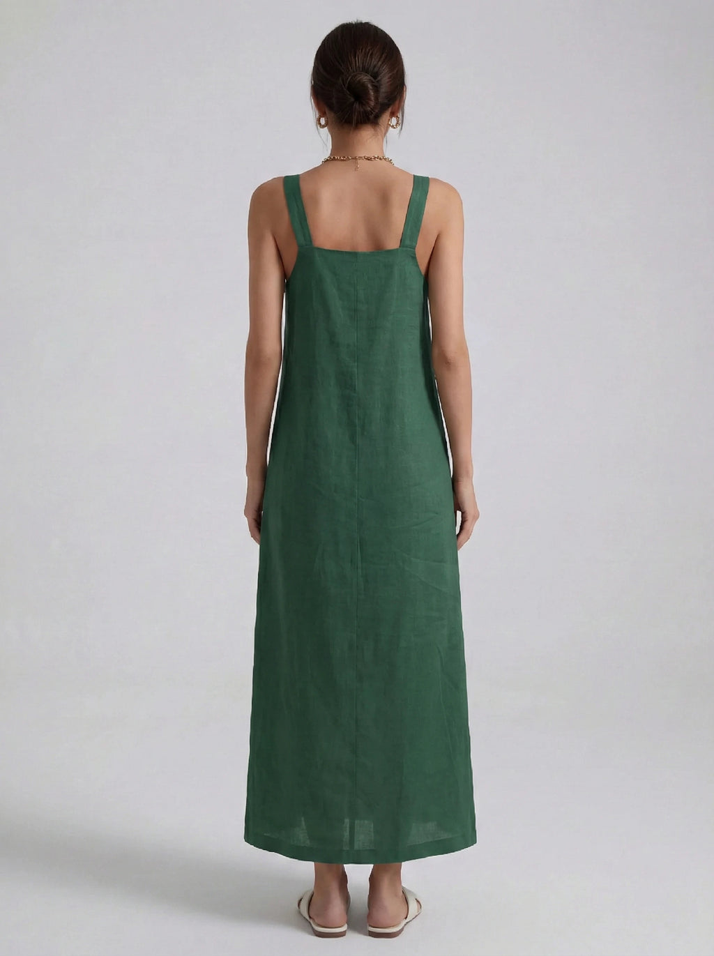 Effortless Linen Square Neck Midi Dress With Side Slit