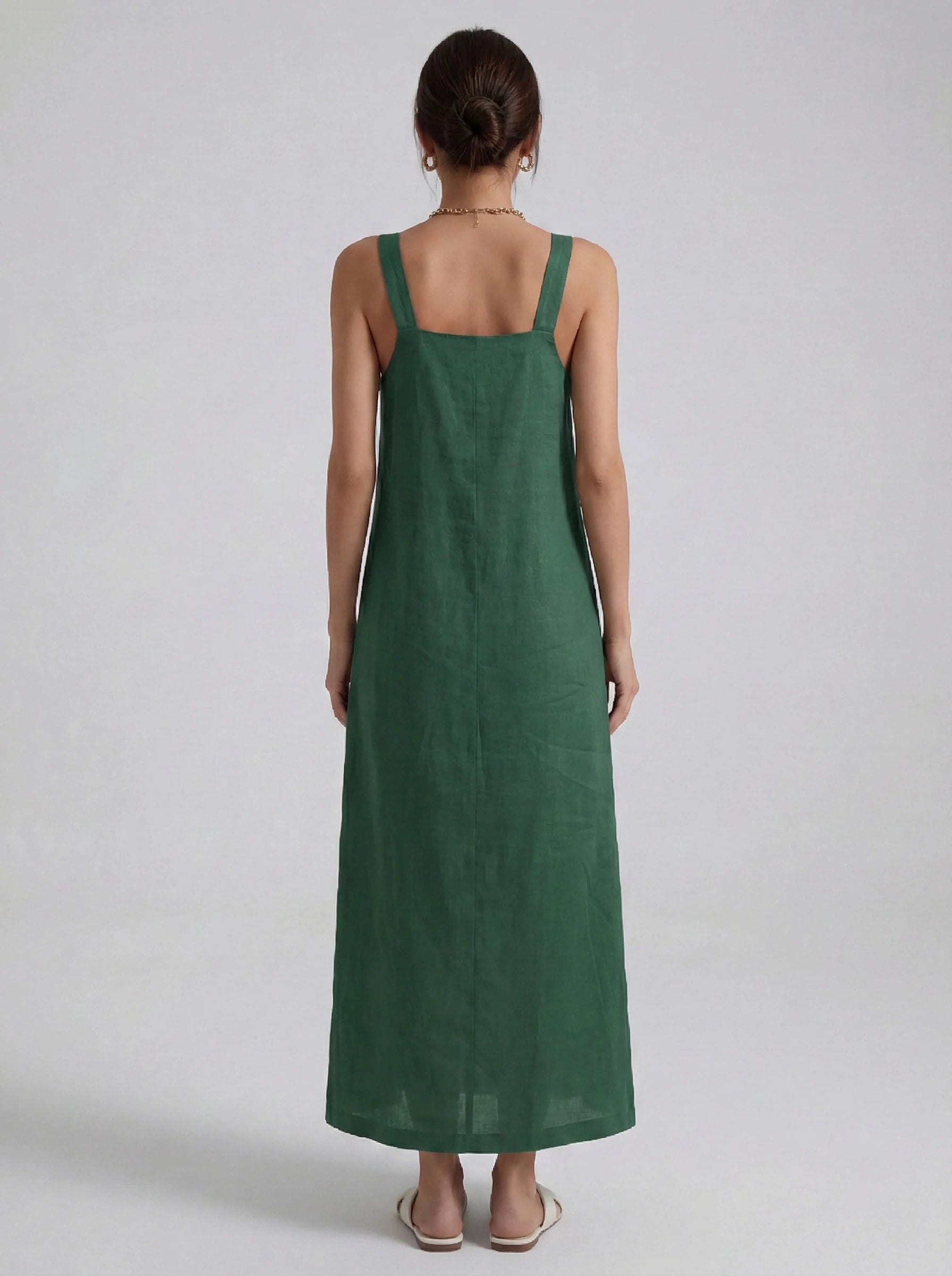 Effortless Linen Square Neck Midi Dress With Side Slit