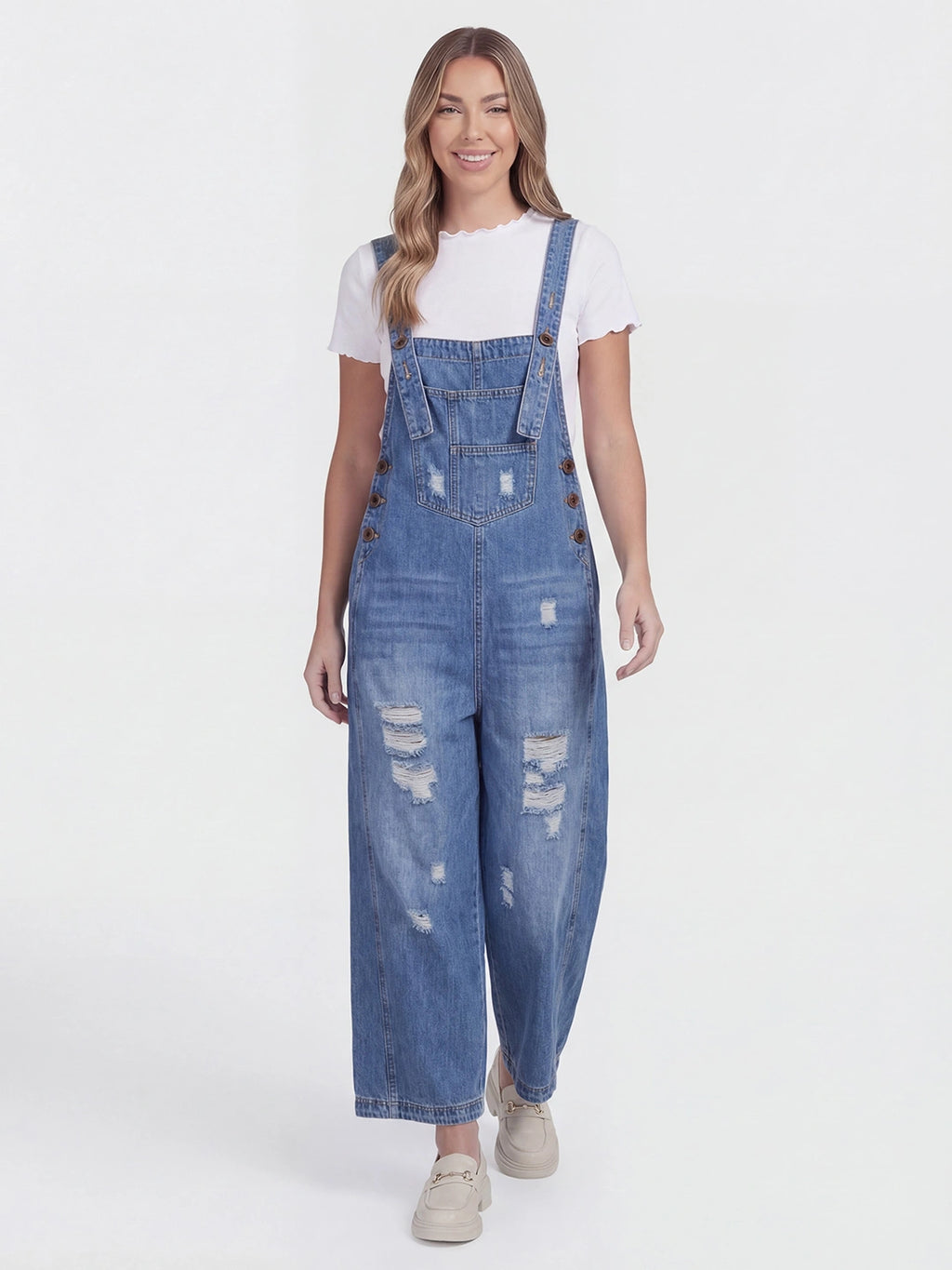 Distressed Loose Fit Denim Bib Overalls
