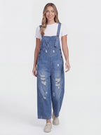 Distressed Loose Fit Denim Bib Overalls