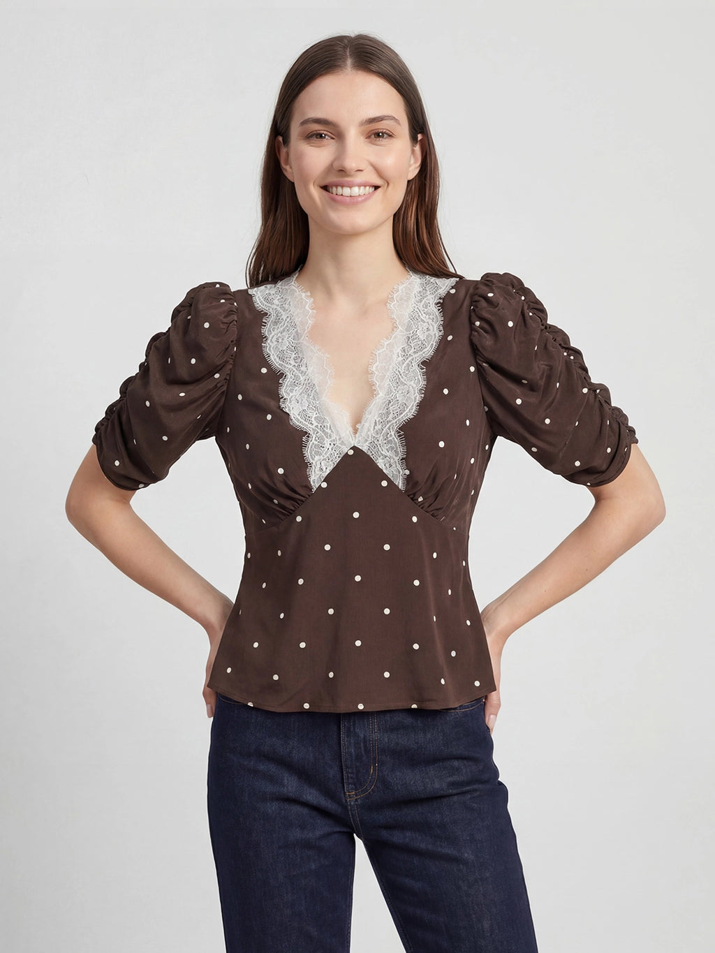 Polka Dot Puff-Sleeve Rayon Shirt