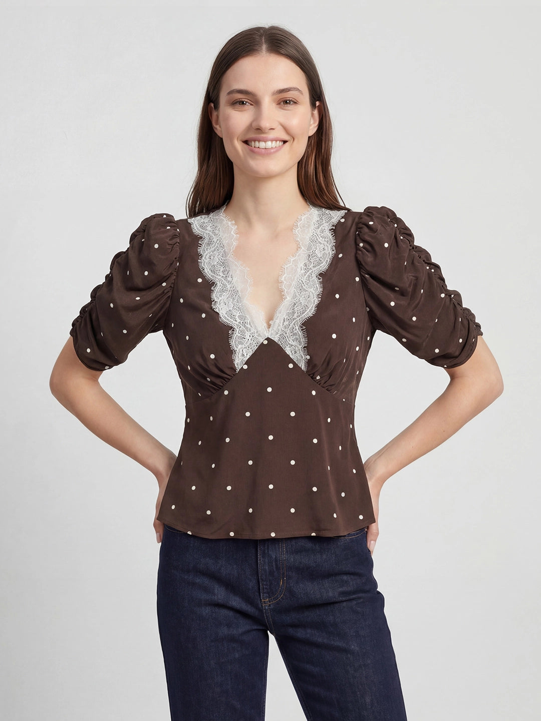 Polka Dot Puff-Sleeve Rayon Shirt