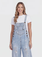 Distressed Loose Fit Denim Bib Overalls