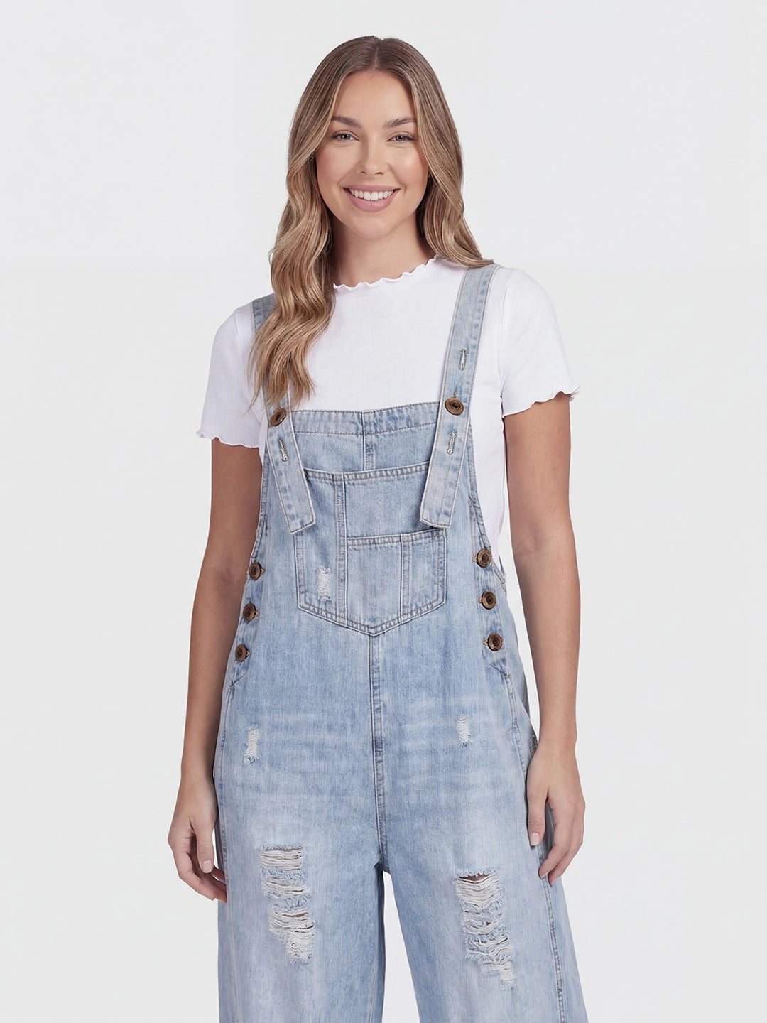 Distressed Loose Fit Denim Bib Overalls