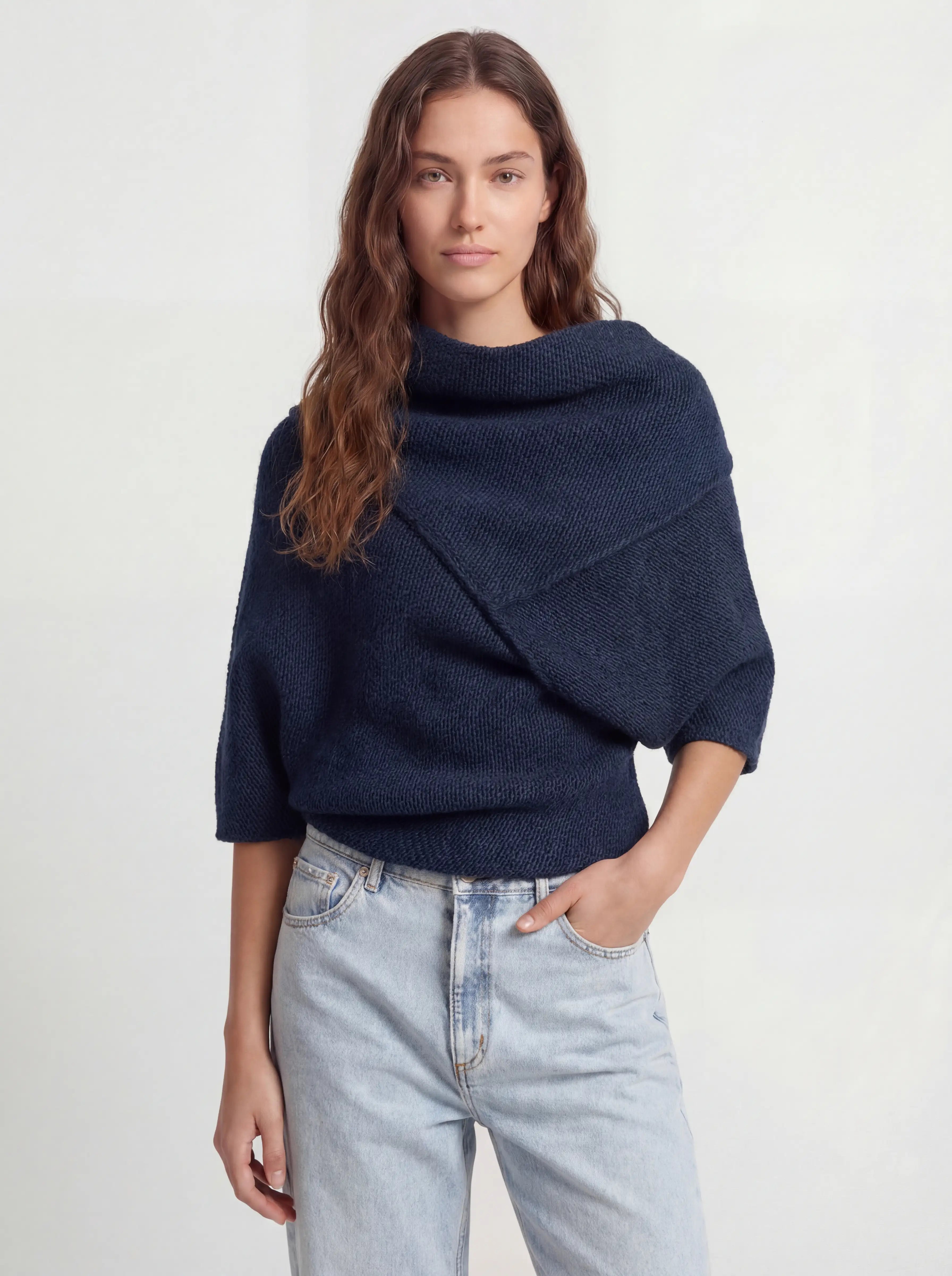 Asymmetric Deep V Back Geometric Wool Sweater