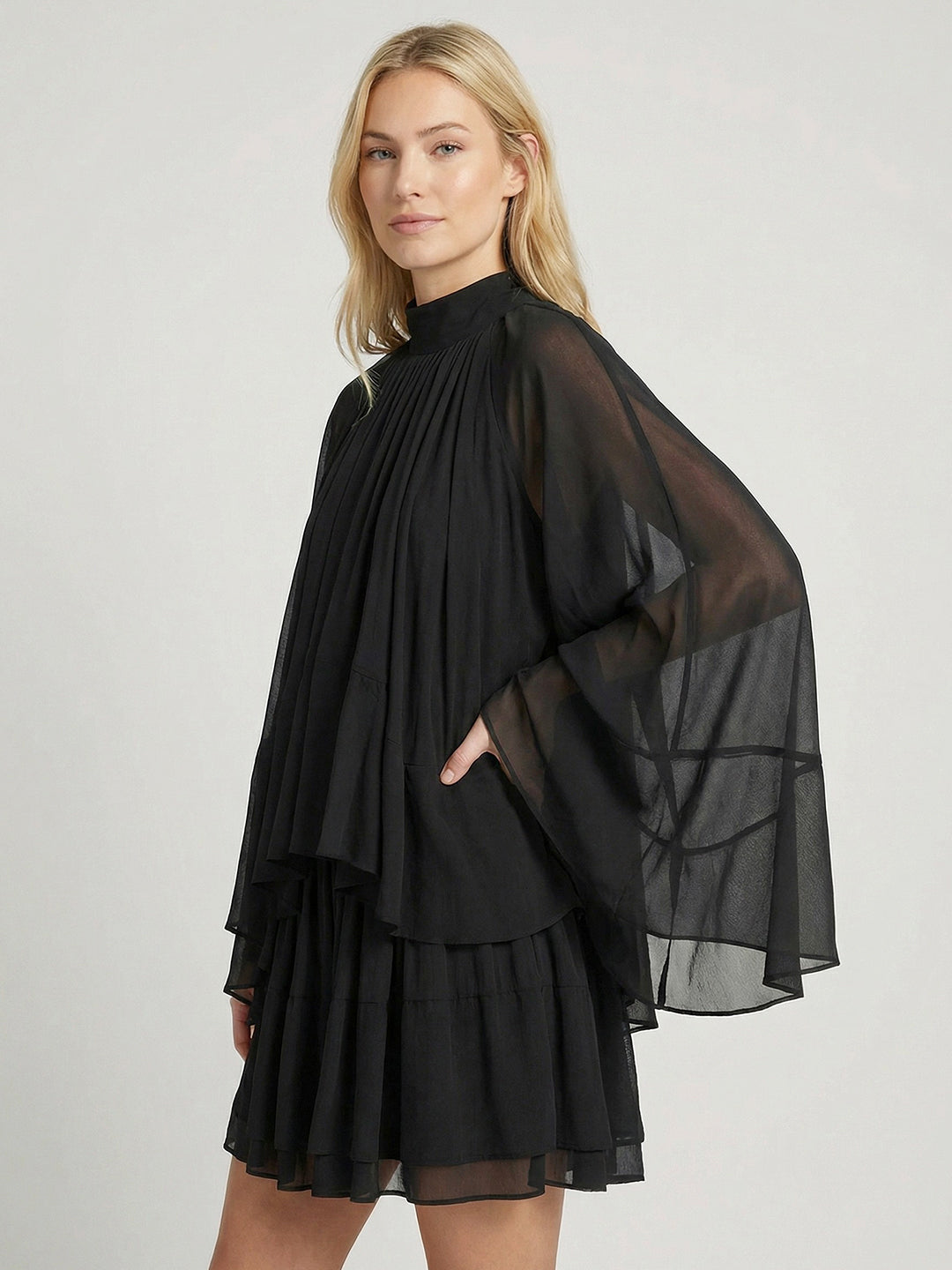 High Neck Loose Fit Long Sleeve Mini Dress