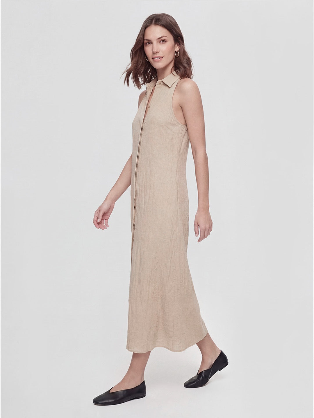 Polo Collar Sleeveless Linen Midi Dress