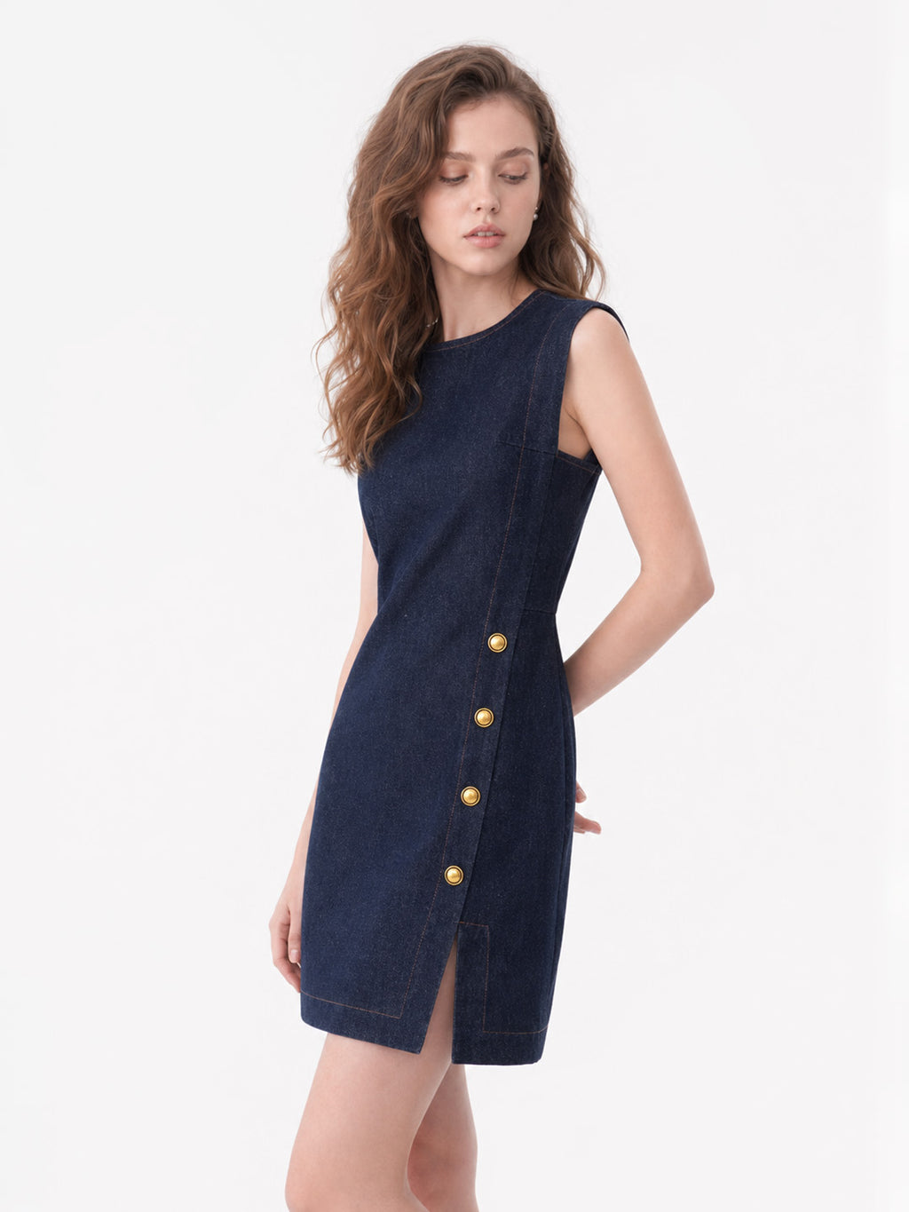 Gold Button Slit Denim Mini Dress