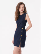 Gold Button Slit Denim Mini Dress