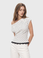 Polka Dot One Shoulder Lace Trim Top