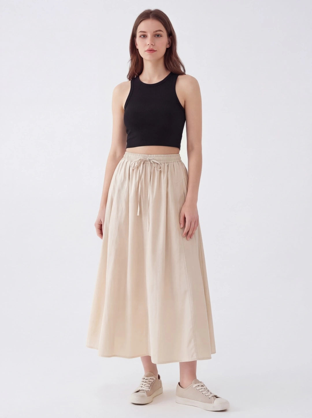 Drawstring Elastic Waist Cotton Midi Skirt Secondary image