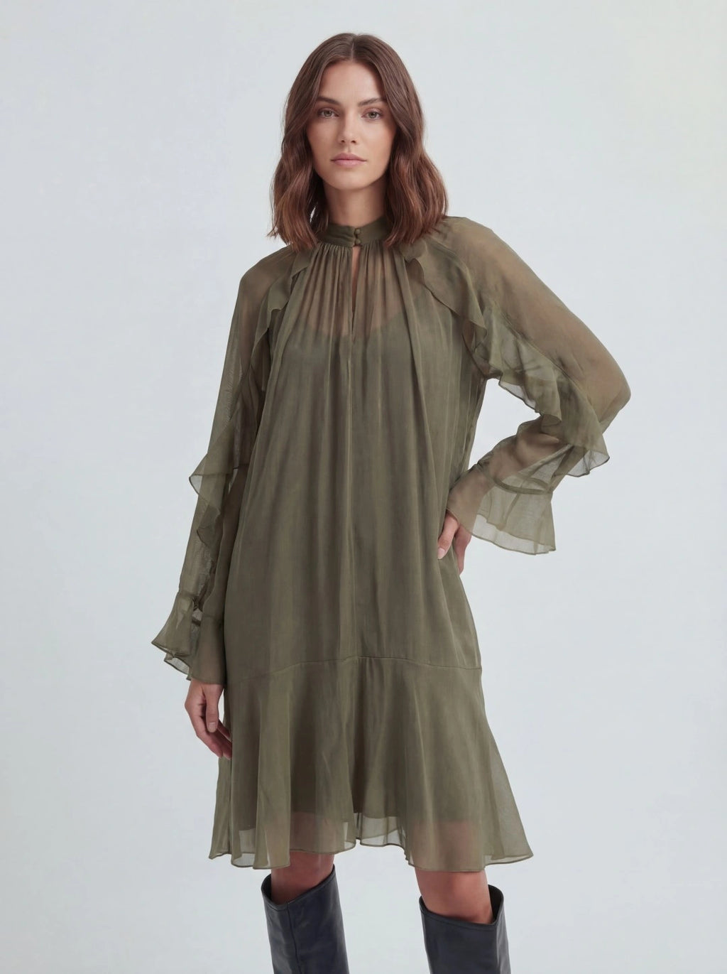 Ruffle Trim Sheer Mini Dress