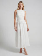 Boat Neck Eyelet A-Line Maxi Dress