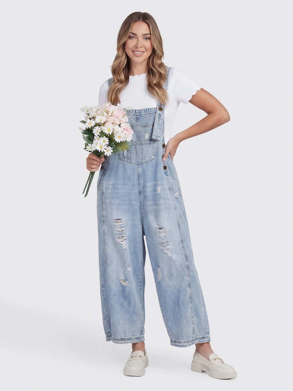 Distressed Loose Fit Denim Bib Overalls