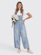 Distressed Loose Fit Denim Bib Overalls