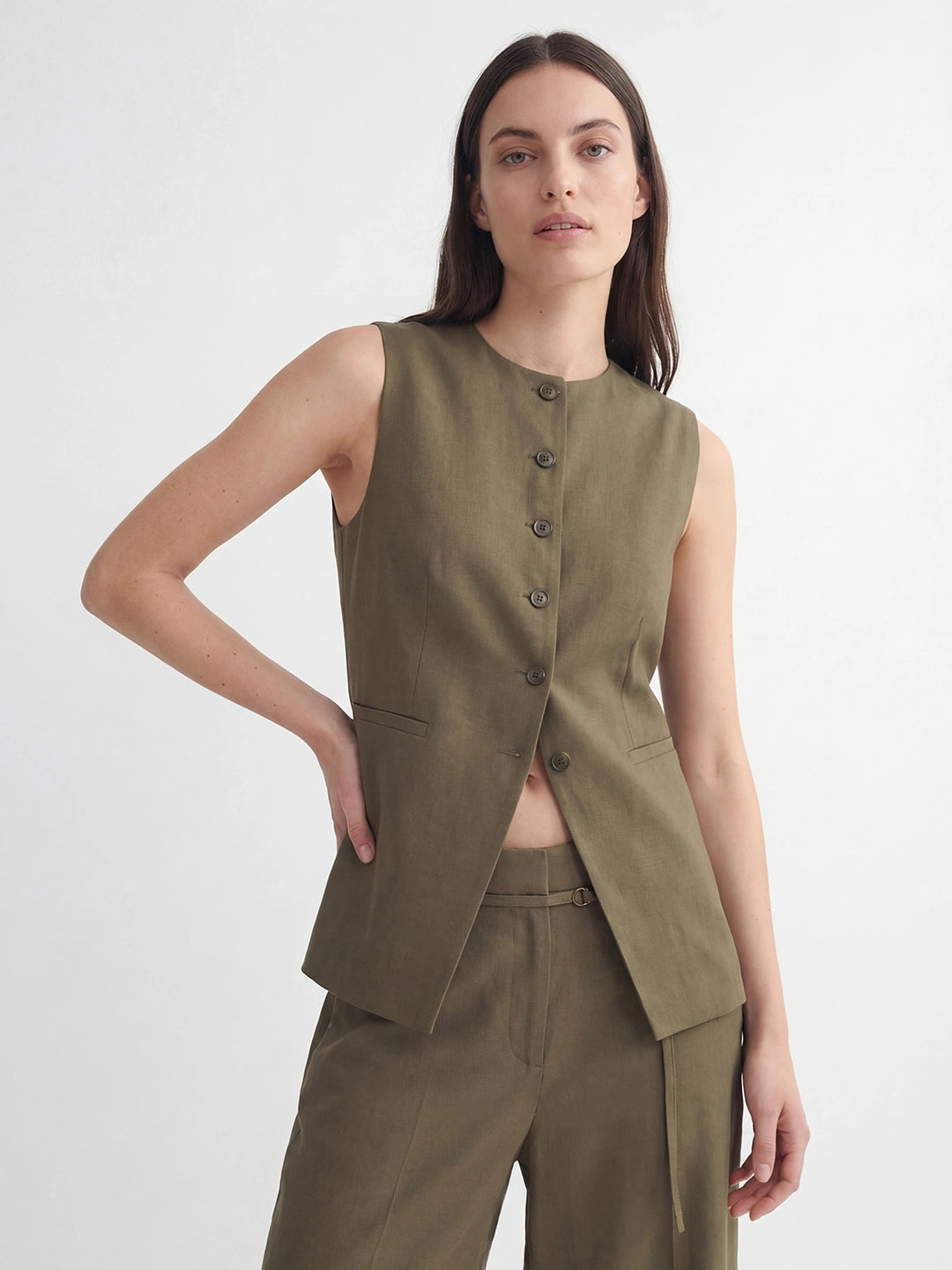 Button Front Long Linen Vest Secondary image
