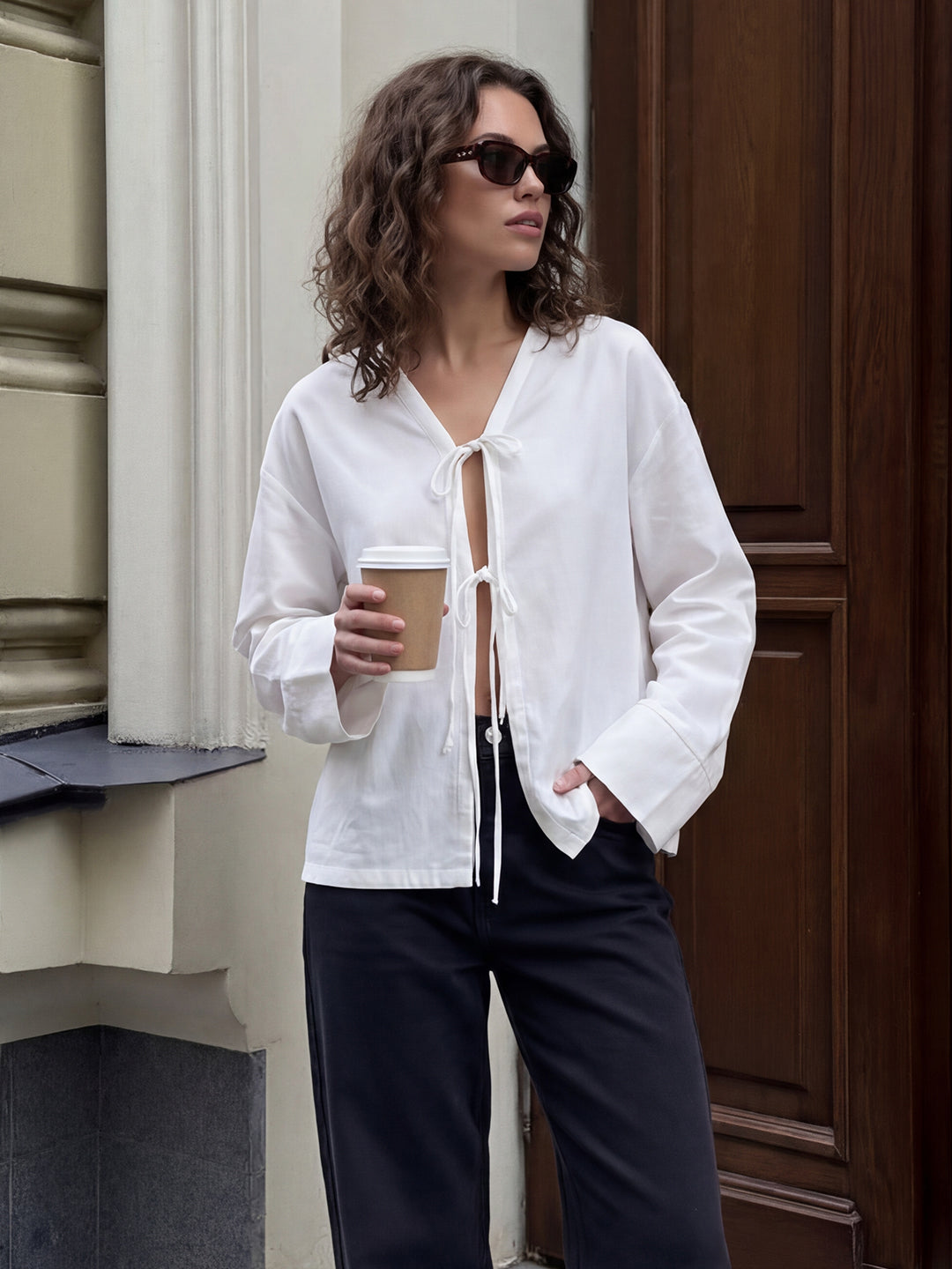 Tie-neck linen Blend Blouse