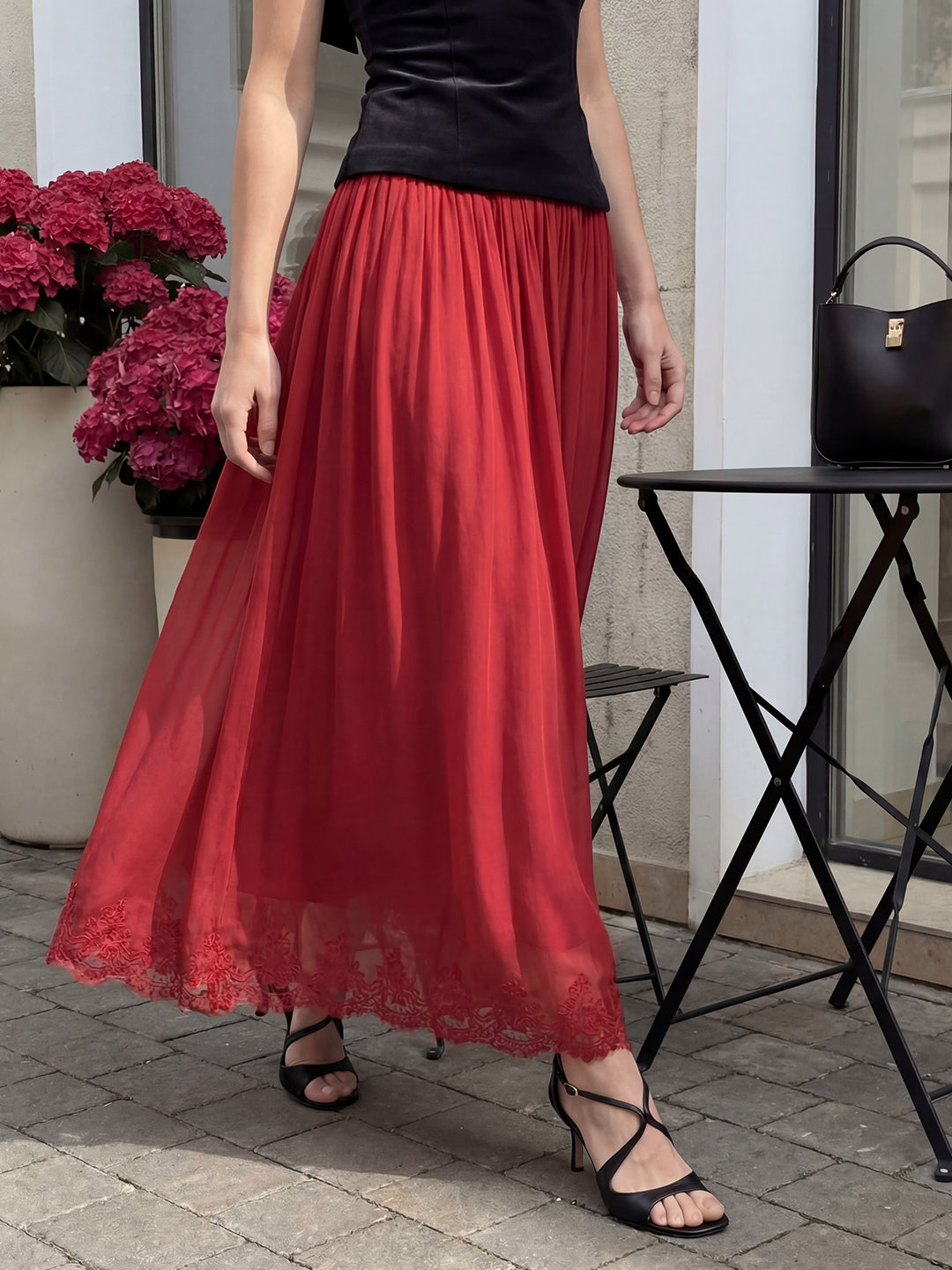 Valentine's Day Exclusive -Lace-Trim Low-Rise Flare Maxi Skirt Main image