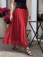 Valentine's Day Exclusive -Lace-Trim Low-Rise Flare Maxi Skirt