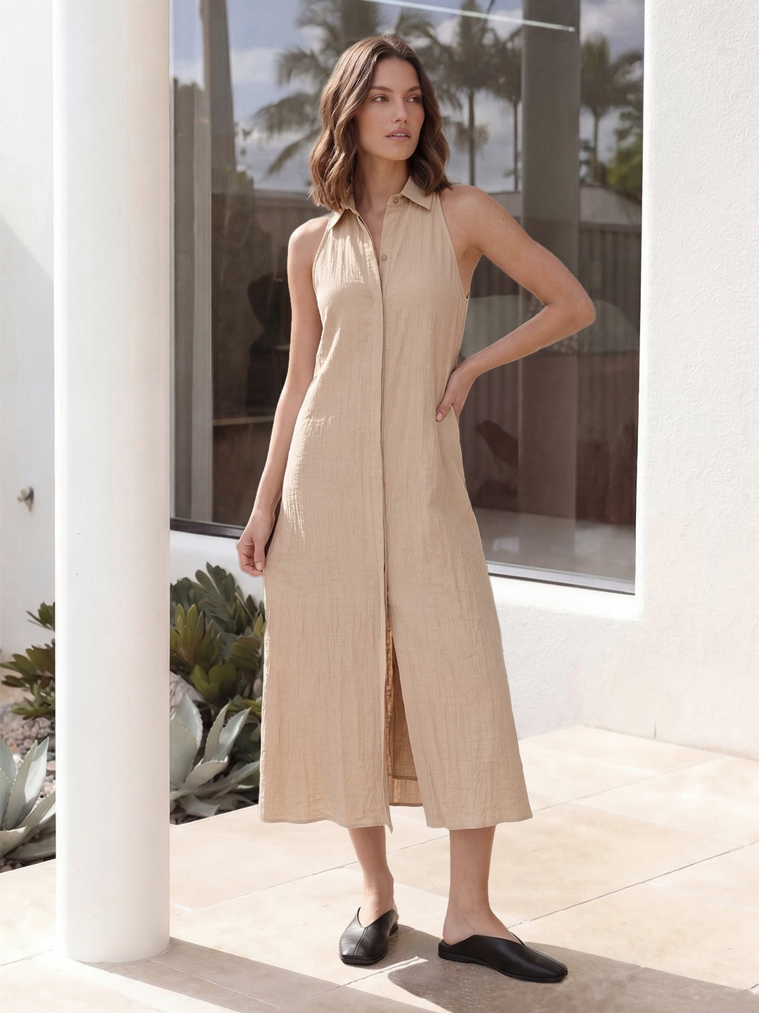 Polo Collar Sleeveless Linen Midi Dress
