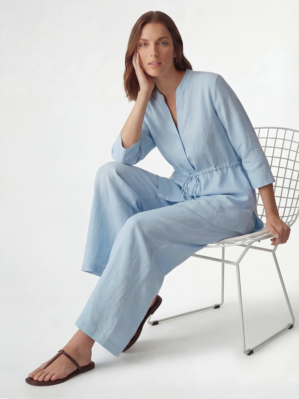 Drawstring Waist Linen Wide Pant Set