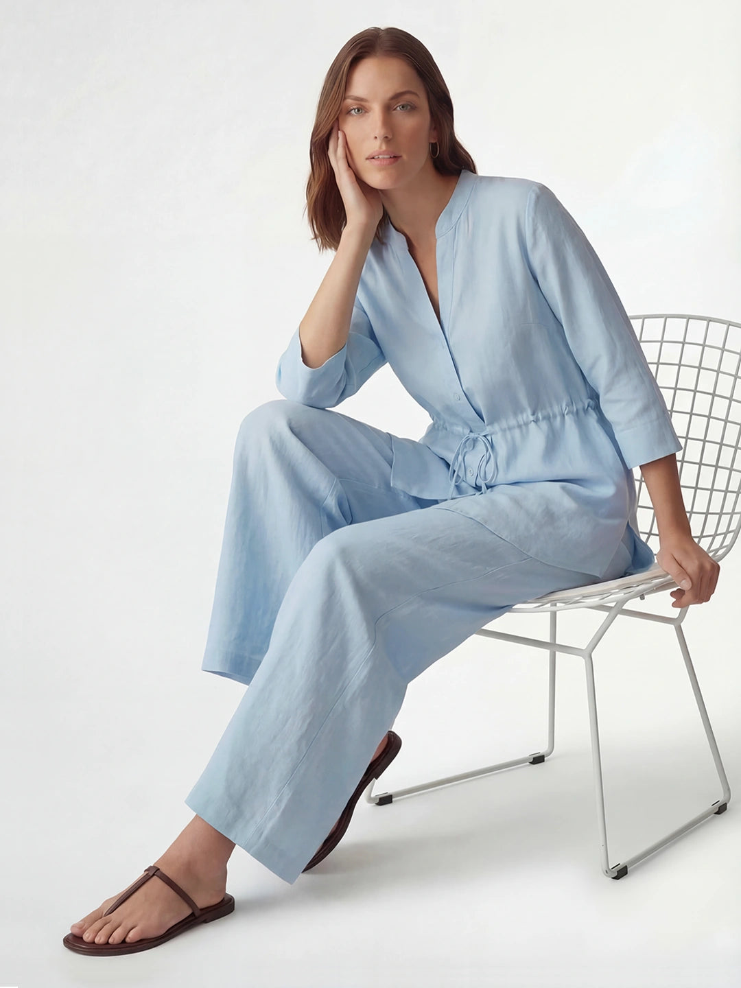Drawstring Waist Linen Wide Pant Set