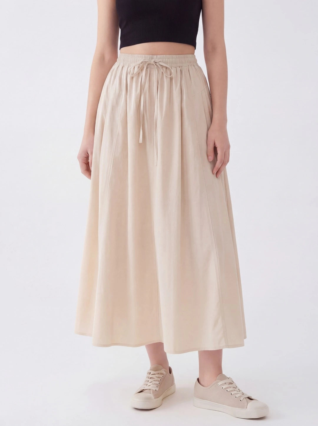 Drawstring Elastic Waist Cotton Midi Skirt Main image
