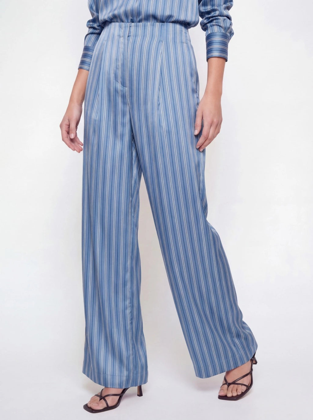 Pleated Satin Striped Shirt Pant Set