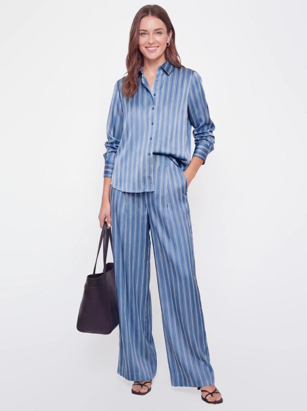 Pleated Satin Striped Shirt Pant Set