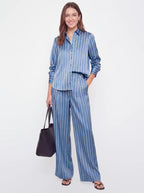 Pleated Satin Striped Shirt Pant Set