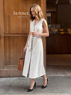Tie Neck Contrast Piping Linen Dress